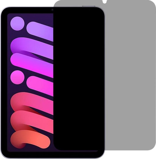 Privacy screenprotector op een paarse en roze iPad Mini.