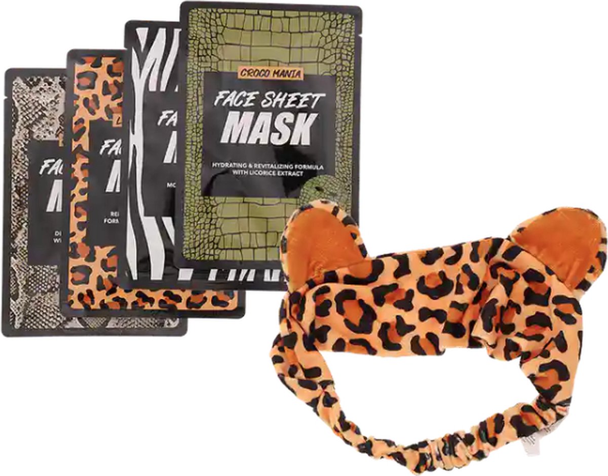 Afrika - Lost on safari - masker set met hoofdband - 4x facial mask animals - tissue gezichtsmaskers kinderen - dieren - topcadeau
