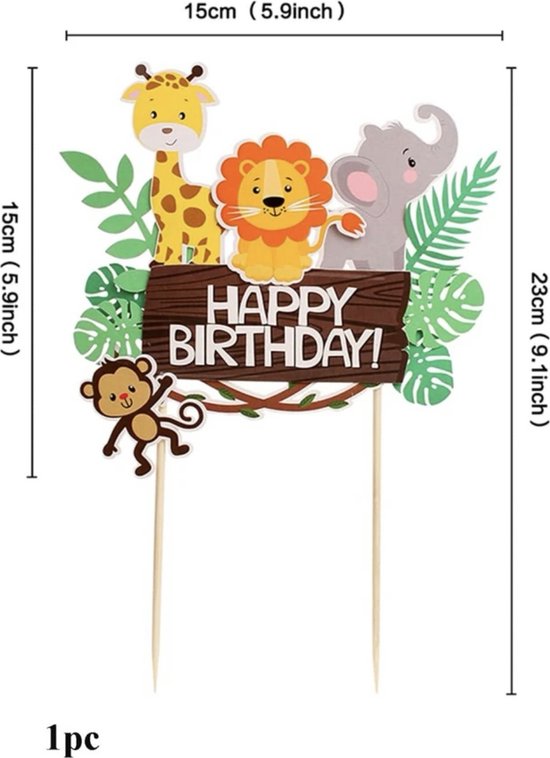 Jungle taart topper - Happy Birthday - Jungle cake topper - Jungle feest - Leeuw - Giraffe - Aap - Olifant - Kinderfeestje - Thema feest - - Merkloos
