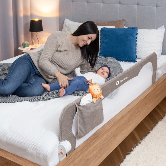Lionelo Eva Barrière de Lit – Barrière de Sécurité jusqu’à 27 kg – Pliable à 180° – Largeur 150 cm – Cadre en Aluminium Durable – SecureBelt & Verrou StandSafe – Pour Enfants 18 mois à 5 ans