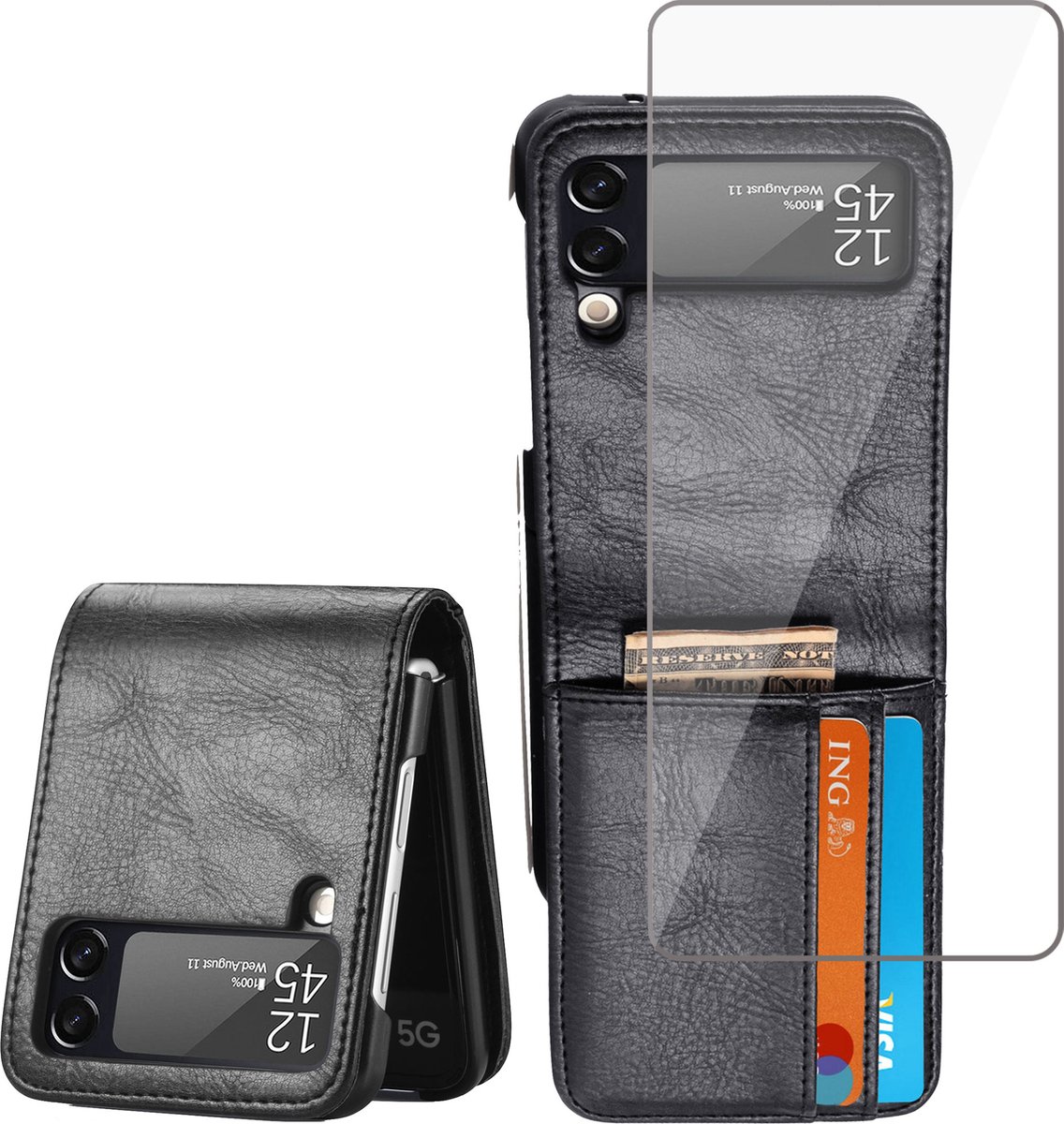 Samsung Galaxy Z Flip 3 Book Case Hoesje - Samsung Galaxy Z Flip 3 Screenprotector - Flip Portemonnee Zwart met Screen Cover Protector