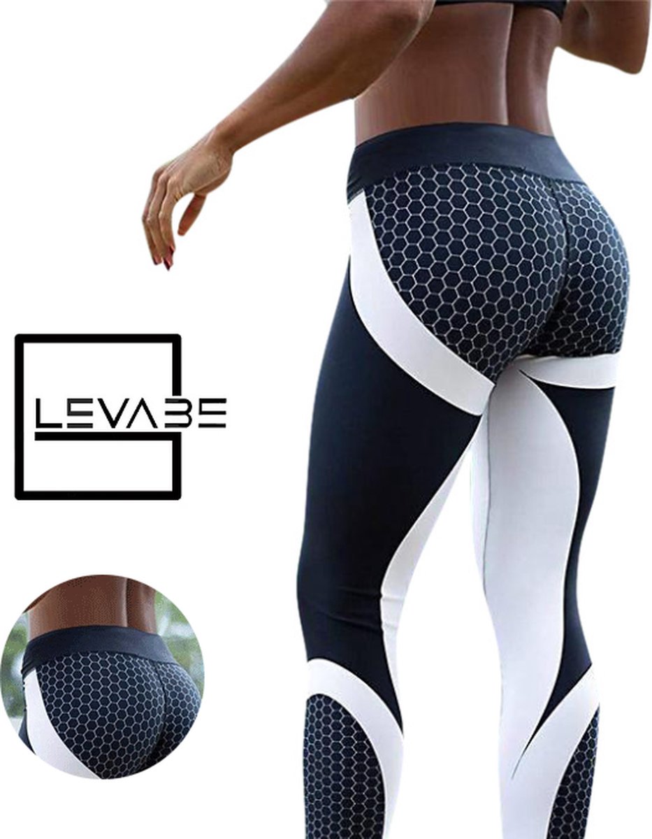 Levabe Dames Sportlegging - Yoga pants - Gym suit - elastische band - sportkleding - legging - hardloop - Fitness - Zwart/wit - Maat S
