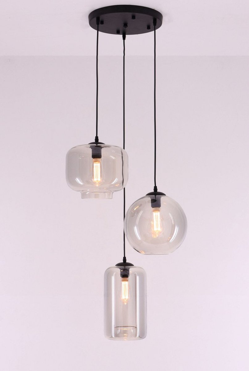 EEF Grey - hanglamp transparant grijs glas - 3xE27 - 185cm - mat zwart