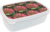 Broodtrommel Wit - Lunchbox - Brooddoos - Bloemen - Natuur - Roze - Patroon - 18x12x6 cm - Volwassenen