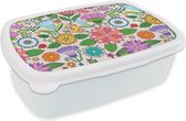 Broodtrommel Wit - Lunchbox - Brooddoos - Bloemen - Regenboog - Vlinder - Design - 18x12x6 cm - Volwassenen