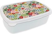 Broodtrommel Wit - Lunchbox - Brooddoos - Bladeren - Bloemen - Design - 18x12x6 cm - Volwassenen