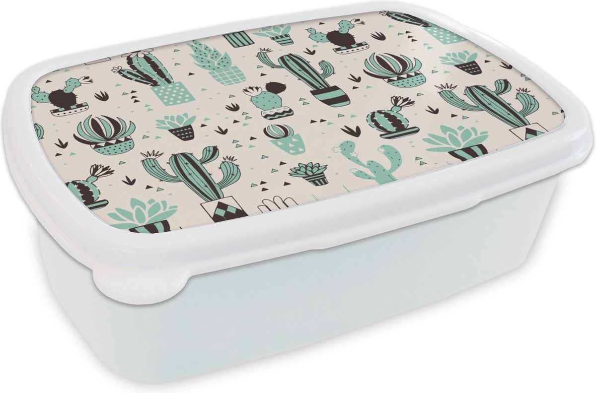 Broodtrommel Wit - Lunchbox - Brooddoos - Patroon - Cactus - Pot - 18x12x6 cm - Volwassenen