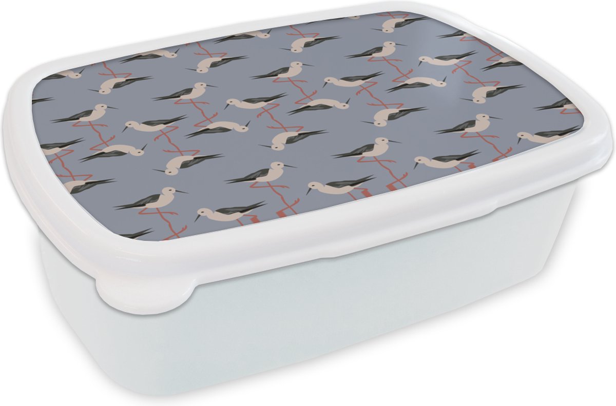 Broodtrommel Wit - Lunchbox - Brooddoos - Vogel - Ooievaar - Patroon - 18x12x6 cm - Volwassenen
