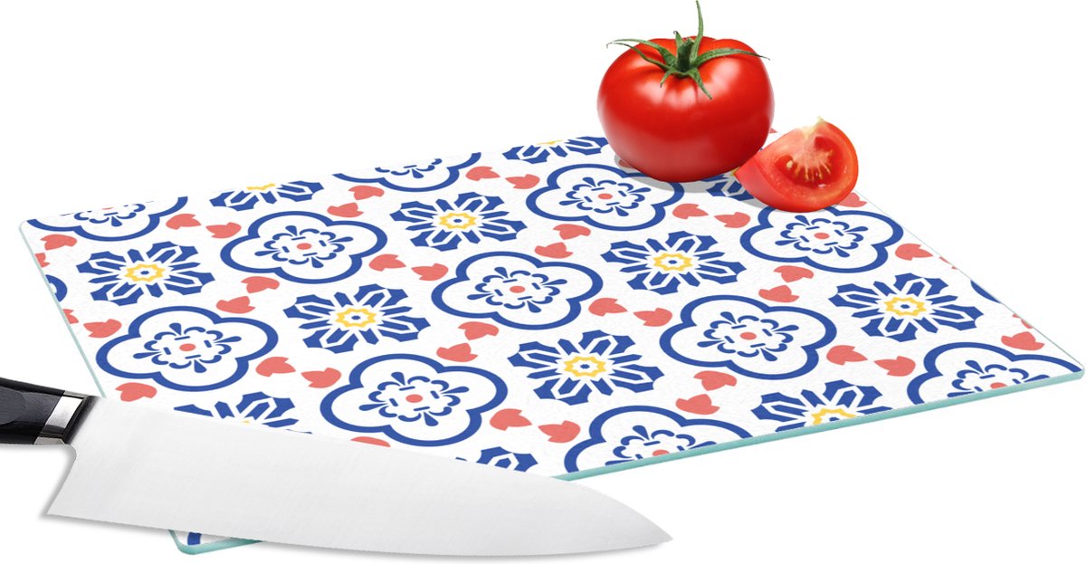 Glazen Snijplank - 28x20 - Bloem - Blauw - Rood - Patroon - Snijplanken Glas