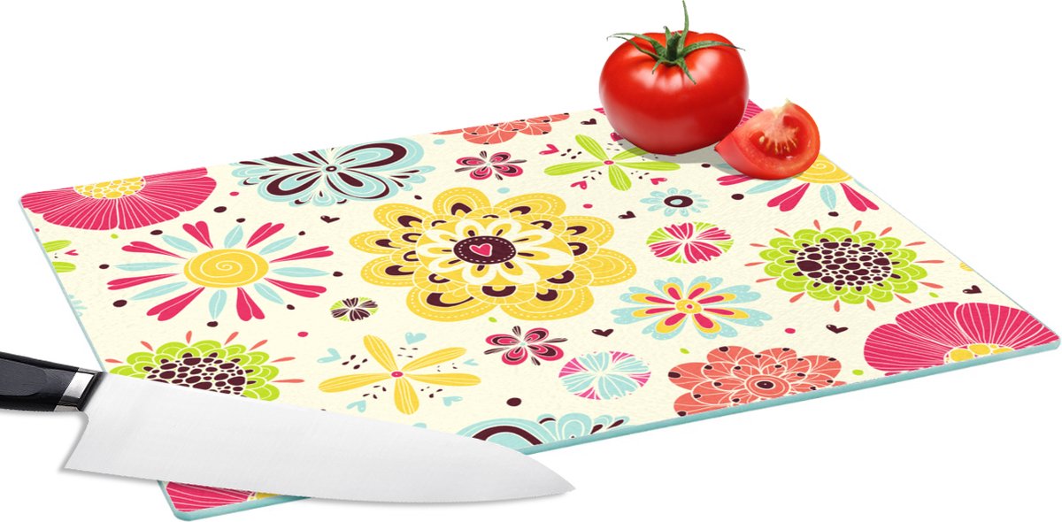 Glazen Snijplank - 39x28 - Hart - Bloemen - Patronen - Snijplanken Glas