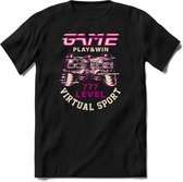 Play and win | Gaming kado T-Shirt heren - dames | Wit-Roze | Perfect game pc cadeau shirt | Grappige console spreuken - zinnen - teksten Maat L