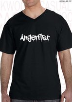 ANGERFIST heren t-shirt - Zwart - Maat M - Korte mouwen - V hals - Regular Fit - Quotes - Kwoots - Gabber - Hardcore