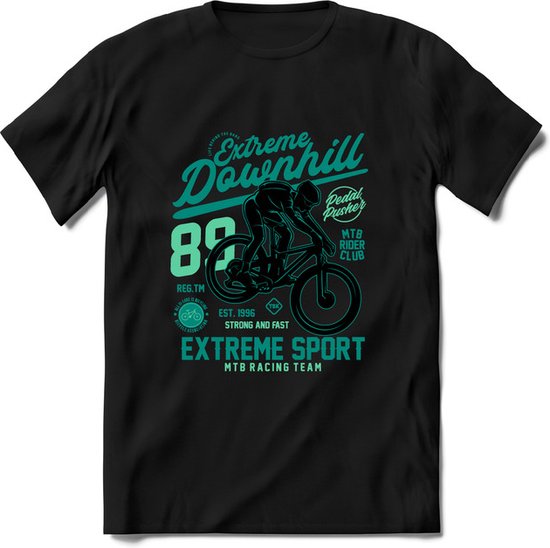 Extreme Downhill | TSK Studio Mountainbike kleding Sport T-Shirt | Zeeblauw - Groen | Heren / Dames | Perfect MTB Verjaardag Cadeau Shirt Maat M