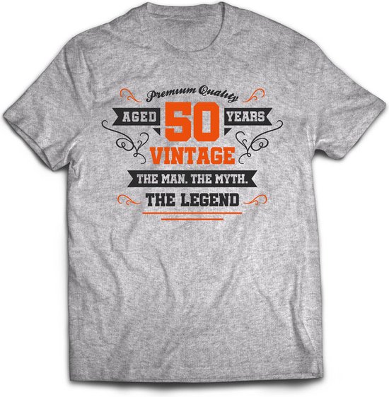 50 Jaar Legend - Abraham Feest kado T-Shirt Heren / Dames - Antraciet Grijs / Oranje - Perfect Verjaardag Jubileum Cadeau Shirt - grappige Spreuken, Zinnen en Teksten. Maat XXL