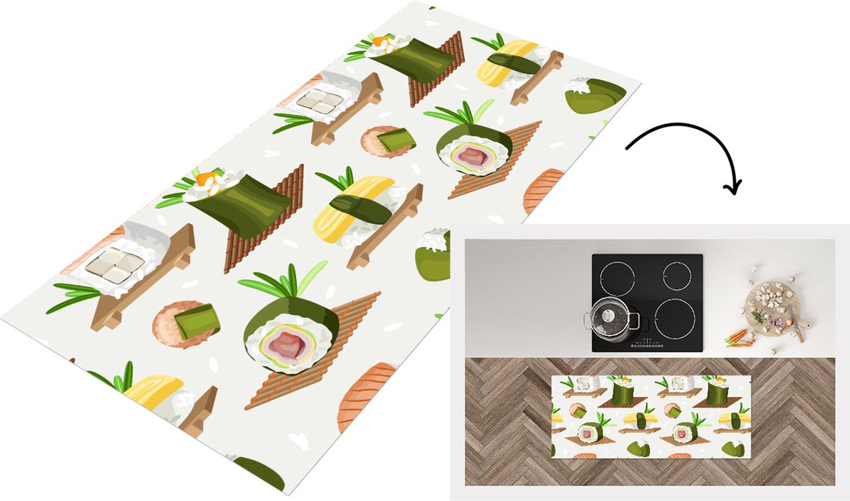 KitchenYeah Keukenloper - Loper keuken - Sushi - Patronen - Eten - 120x50 cm - Keukenloper vinyl Multicolor