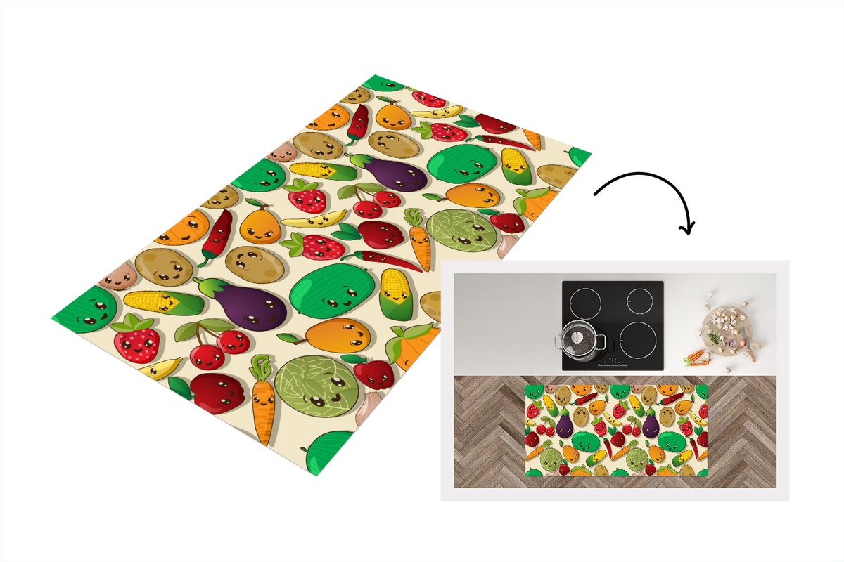 KitchenYeah Keukenloper - Loper keuken - Kawaii - Patronen - Groente - Fruit - 120x60 cm - Keukenloper vinyl Multicolor