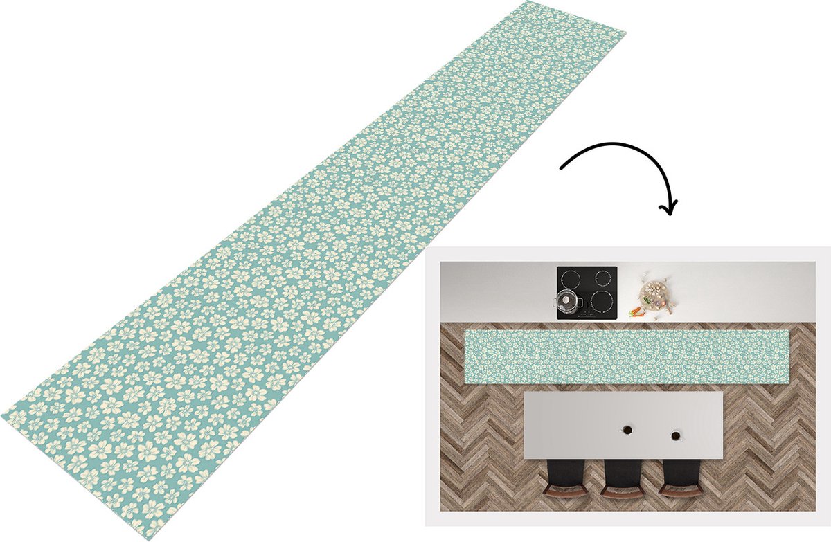 KitchenYeah Keukenloper - Loper keuken - Bloemen - Wit - Vintage - Patronen - 300x50 cm - Keukenloper vinyl Multicolor