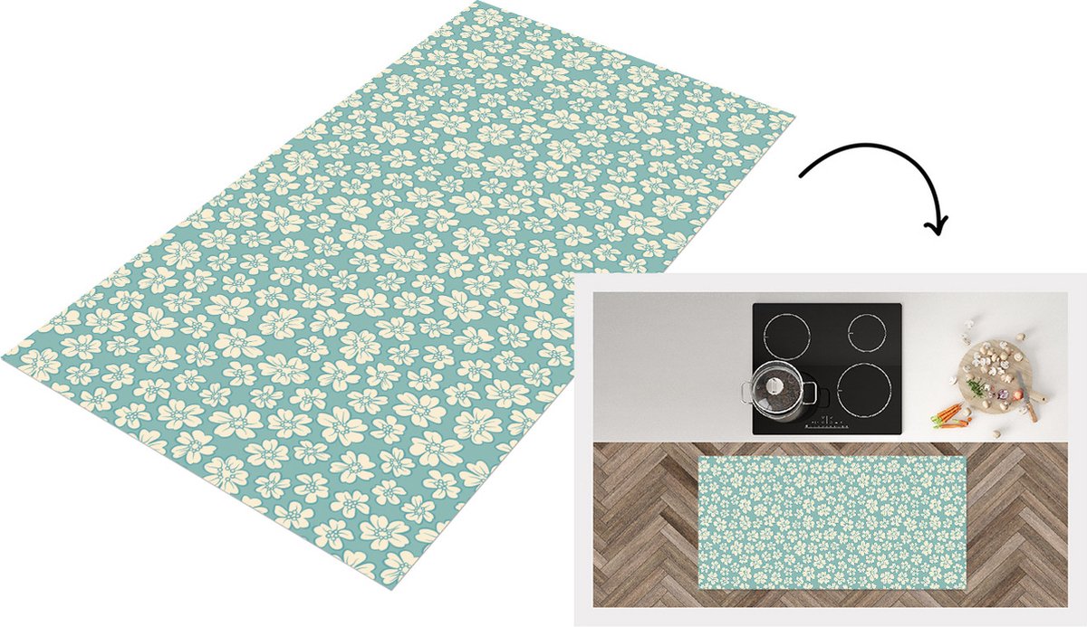KitchenYeah Keukenloper - Loper keuken - Bloemen - Wit - Vintage - Patronen - 120x60 cm - Keukenloper vinyl Multicolor