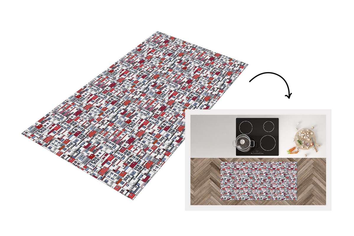 KitchenYeah Keukenloper - Loper keuken - Stad - Patroon - Huizen - 120x60 cm - Keukenloper vinyl Multicolor