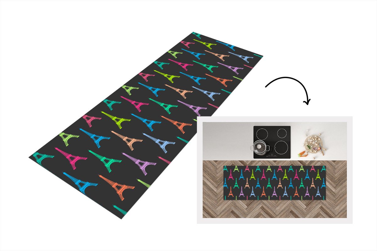 KitchenYeah Keukenloper - Loper keuken - Eiffeltoren - Patronen - Parijs - 150x50 cm - Keukenloper vinyl Multicolor