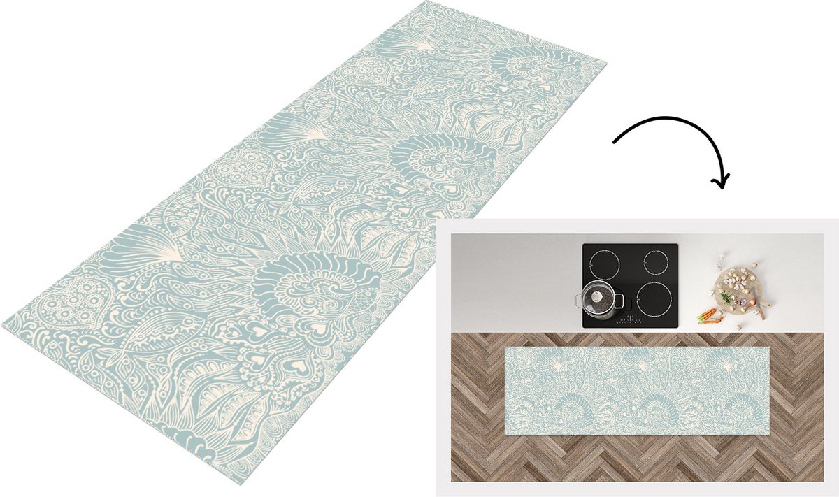 KitchenYeah Keukenloper - Loper keuken - Koraal - Hart - Zeewier - Vis - Patroon - 180x60 cm - Keukenloper vinyl Multicolor