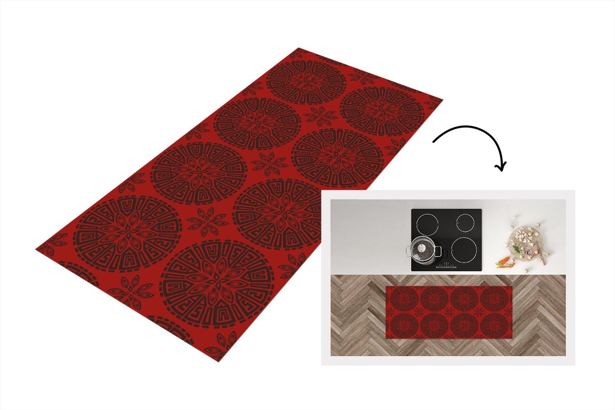 KitchenYeah Keukenloper - Loper keuken - Chinees - Patronen - Rood - 120x50 cm - Keukenloper vinyl Multicolor