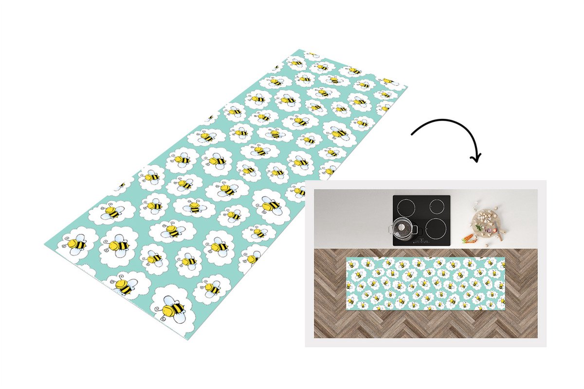 KitchenYeah Keukenloper - Loper keuken - Bij - Insecten - Patroon - Groen - 150x50 cm - Keukenloper vinyl Multicolor
