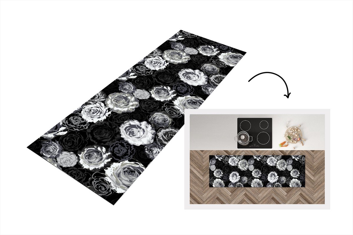 KitchenYeah Keukenloper - Loper keuken - Rozen - Zwart Wit - Patronen - Keukenloper vinyl, foto 2