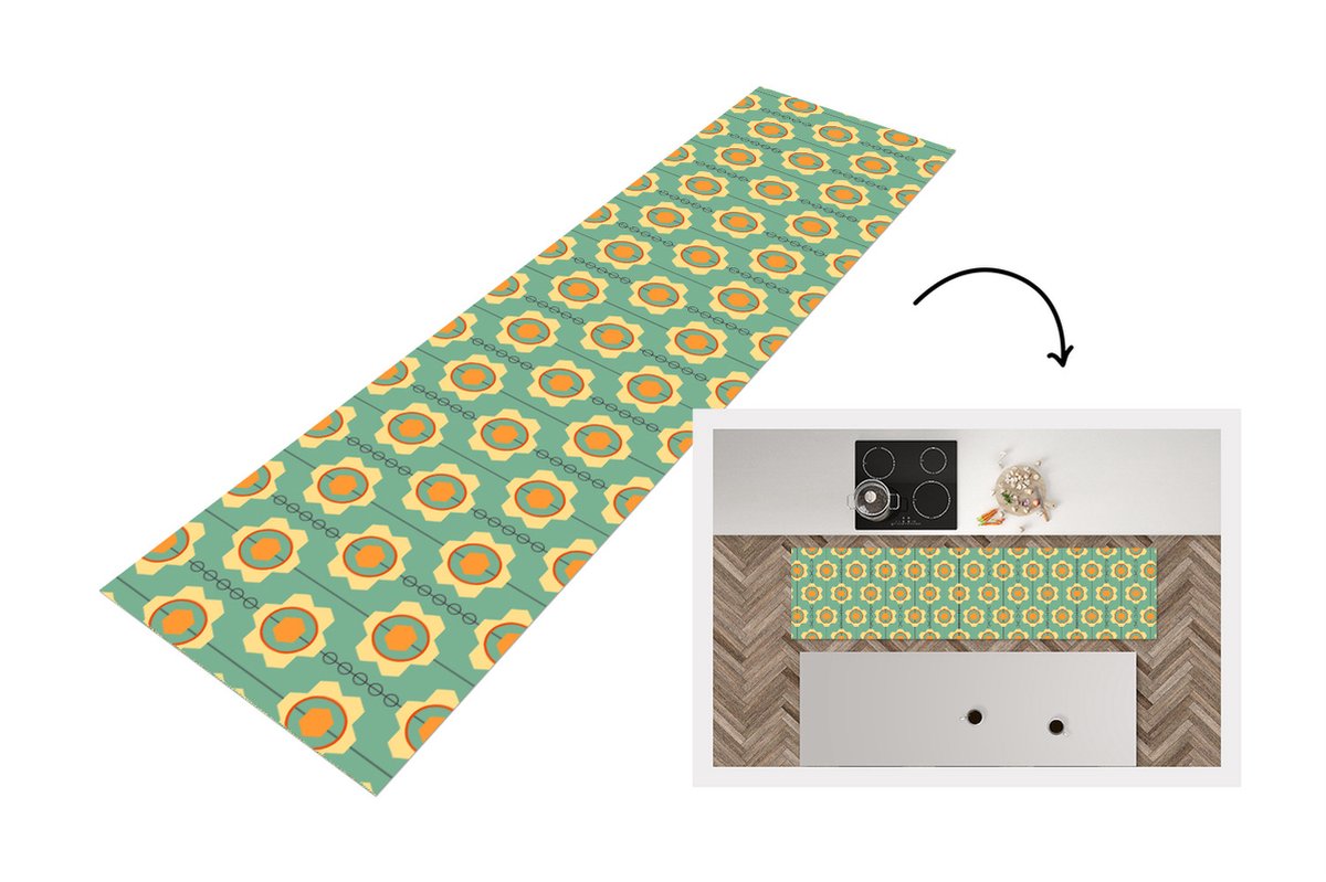 KitchenYeah Keukenloper - Loper keuken - Zonnebloem - Patronen - Tandwielen - Retro - 240x60 cm - Keukenloper vinyl Multicolor