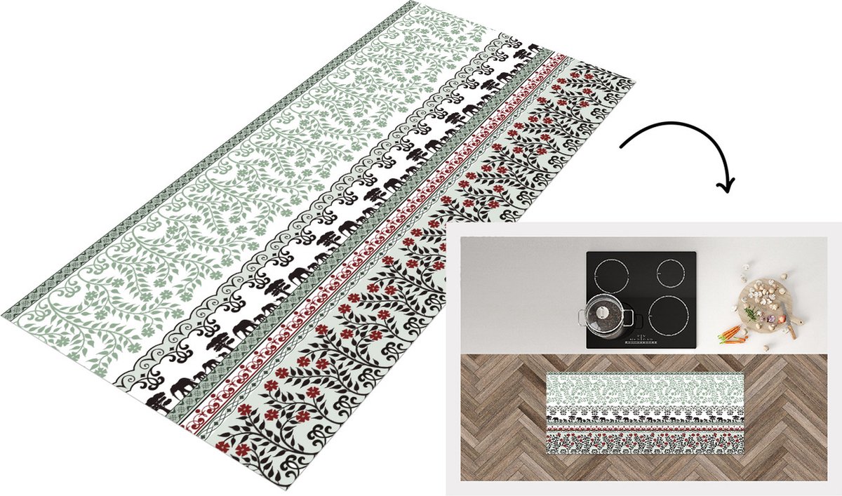 KitchenYeah Keukenloper - Loper keuken - Planten - Olifant - Patroon - 120x50 cm - Keukenloper vinyl Multicolor