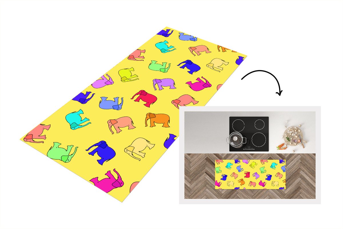 KitchenYeah Keukenloper - Loper keuken - Olifant - Geel - Patronen - 120x50 cm - Keukenloper vinyl Multicolor