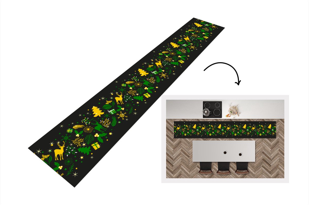KitchenYeah Keukenloper - Loper keuken - Kerst - Patroon - Hert - 300x50 cm - Keukenloper vinyl Multicolor