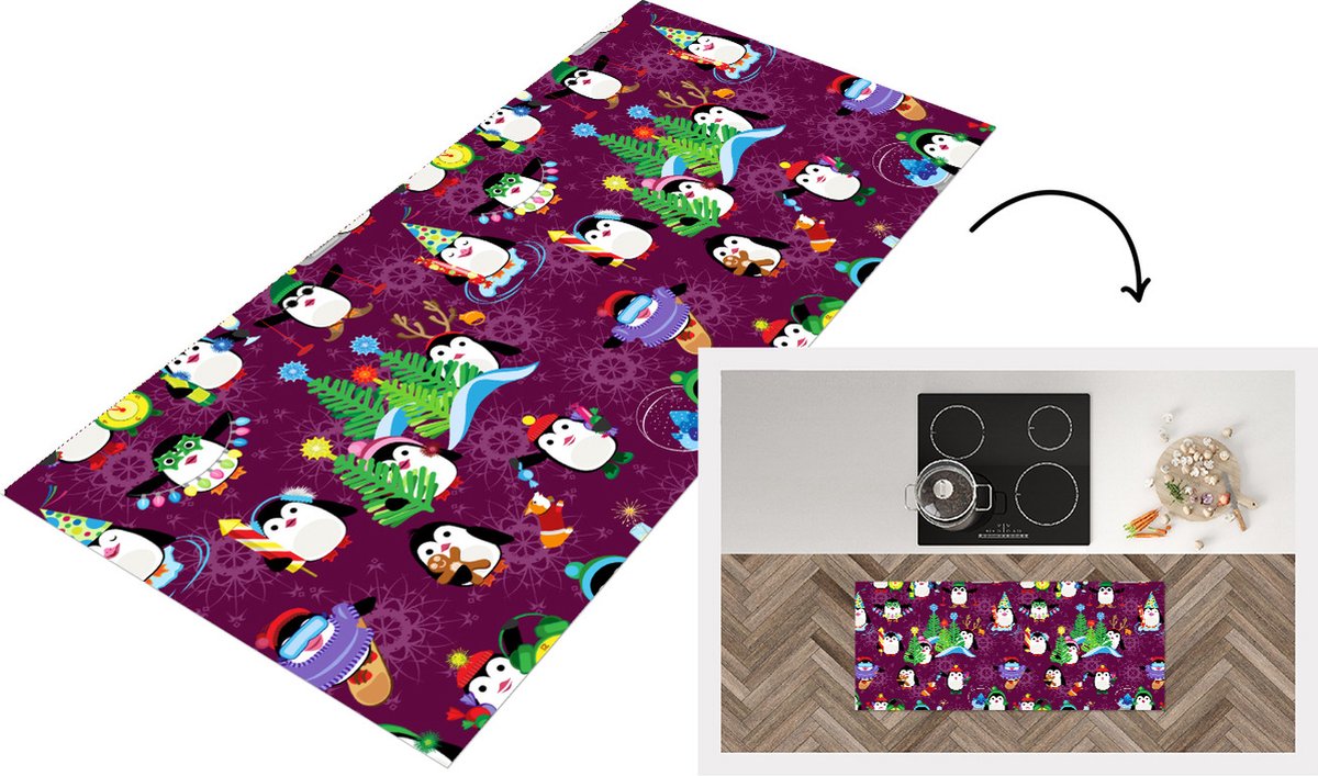 KitchenYeah Keukenloper - Loper keuken - Pinguïn - Kerstmis - Vuurwerk - Winter - Design - 120x50 cm - Keukenloper vinyl Multicolor