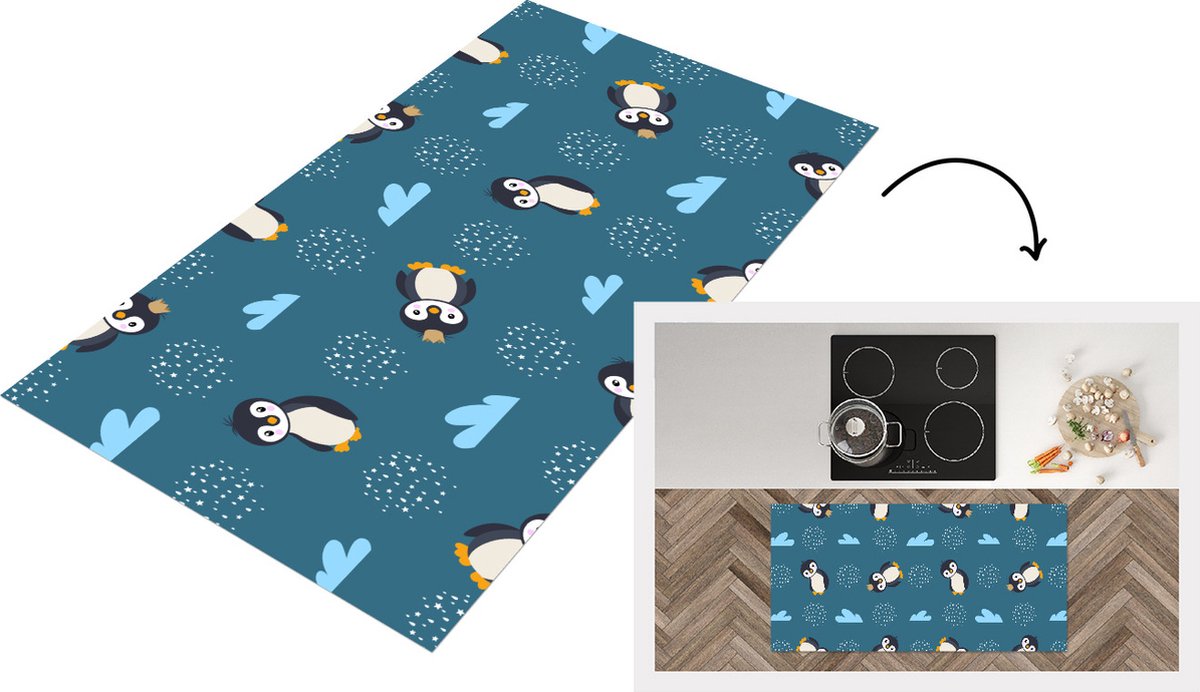 KitchenYeah Keukenloper - Loper keuken - Pinguïn - Wolken - Jongens - Design - 120x60 cm - Keukenloper vinyl Multicolor
