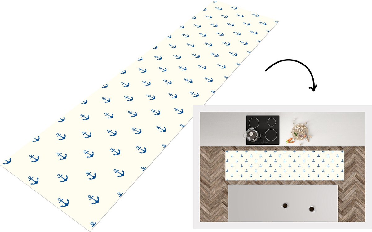 KitchenYeah Keukenloper - Loper keuken - Matroos - Anker - Strand - Patroon - 200x50 cm - Keukenloper vinyl Multicolor