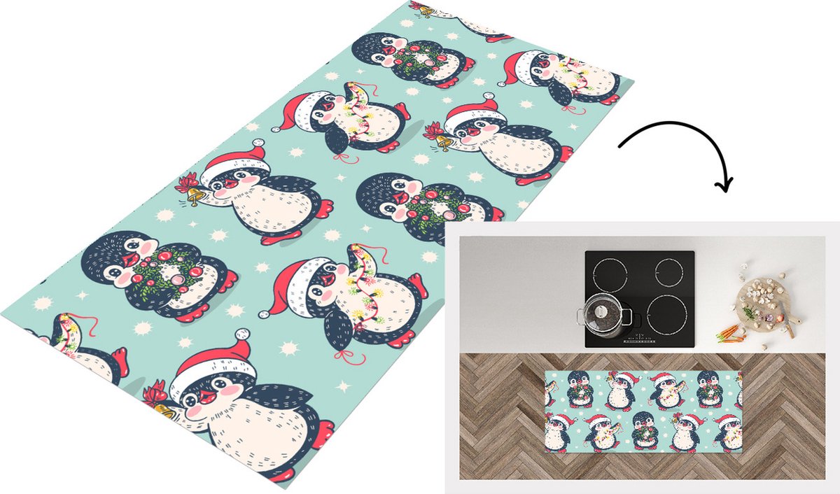 KitchenYeah Keukenloper - Loper keuken - Pinguïn - Lichtsnoer - Kerstkrans - Patronen - 120x50 cm - Keukenloper vinyl Multicolor