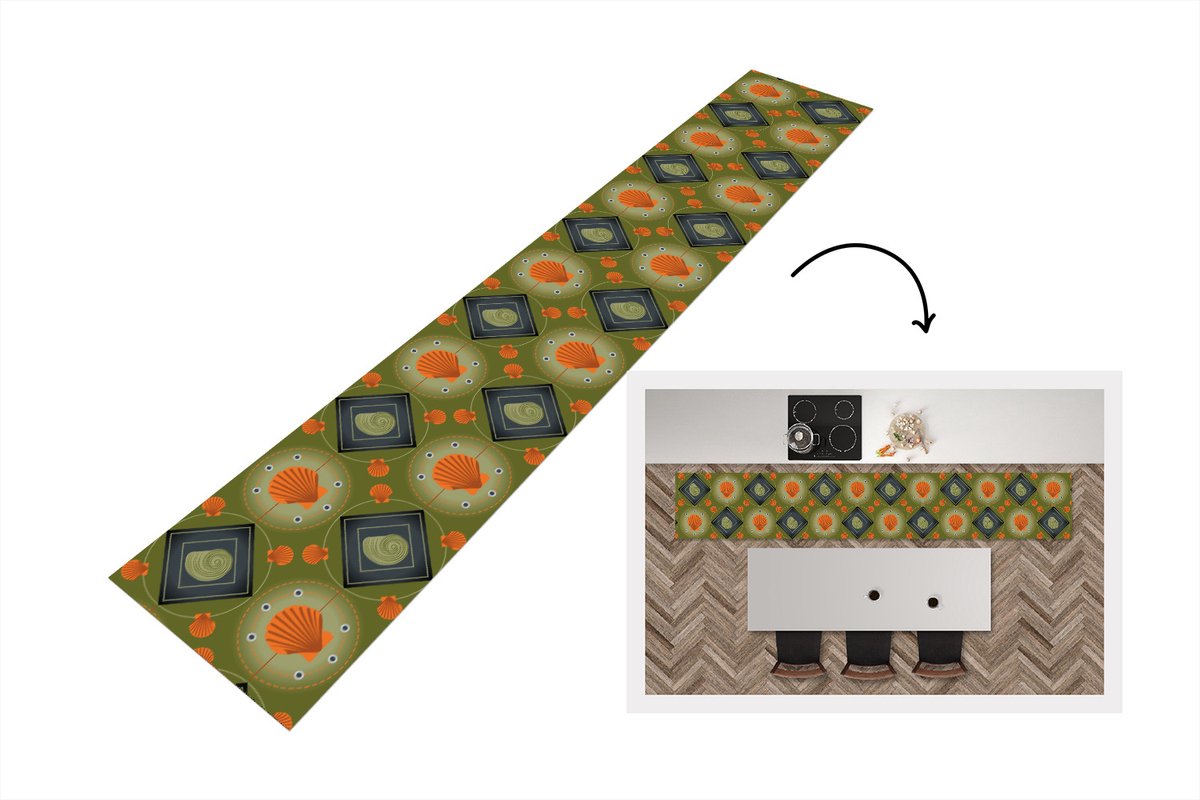 KitchenYeah Keukenloper - Loper keuken - Patchwork - Schelpen - Patronen - Zee - Strand - 300x50 cm - Keukenloper vinyl Multicolor