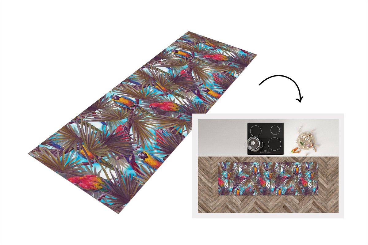 KitchenYeah Keukenloper - Loper keuken - Vintage - Papegaai - Regenboog - Jungle - 180x60 cm - Keukenloper vinyl Multicolor