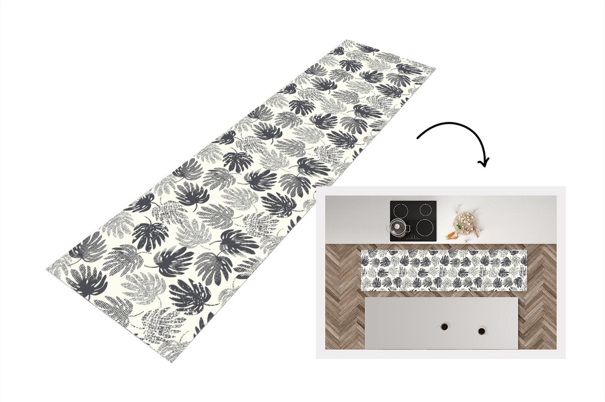 KitchenYeah Keukenloper - Loper keuken - Monstera - Zwart Wit - Patronen - Vintage - 240x60 cm - Keukenloper vinyl Zwart; Wit