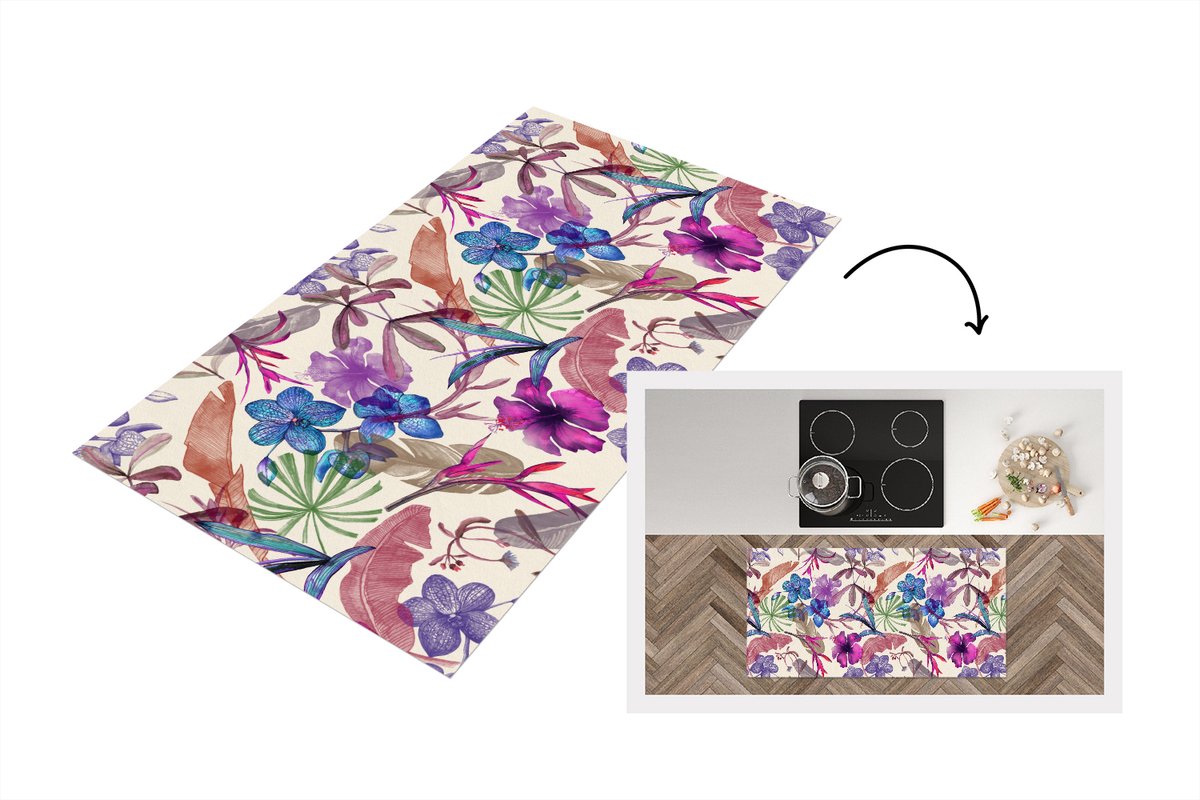 KitchenYeah Keukenloper - Loper keuken - Bloemen - Regenboog - Jungle - Patroon - Vintage - 120x60 cm - Keukenloper vinyl Multicolor