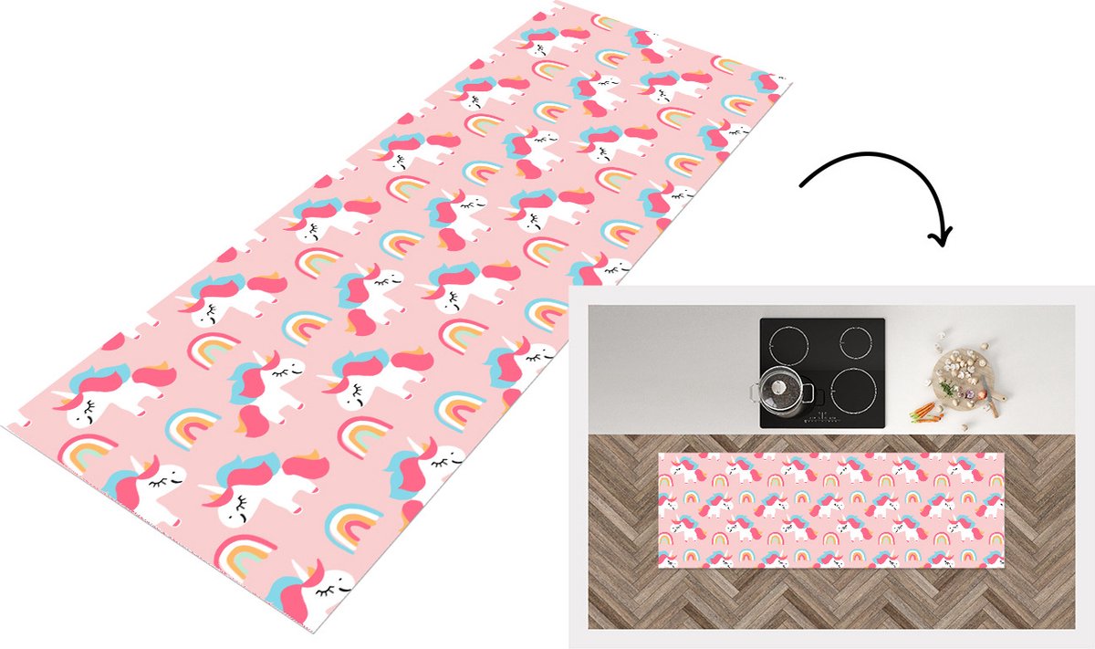 KitchenYeah Keukenloper - Loper keuken - Unicorn - Regenboog - Roze - Patroon - 150x50 cm - Keukenloper vinyl Multicolor