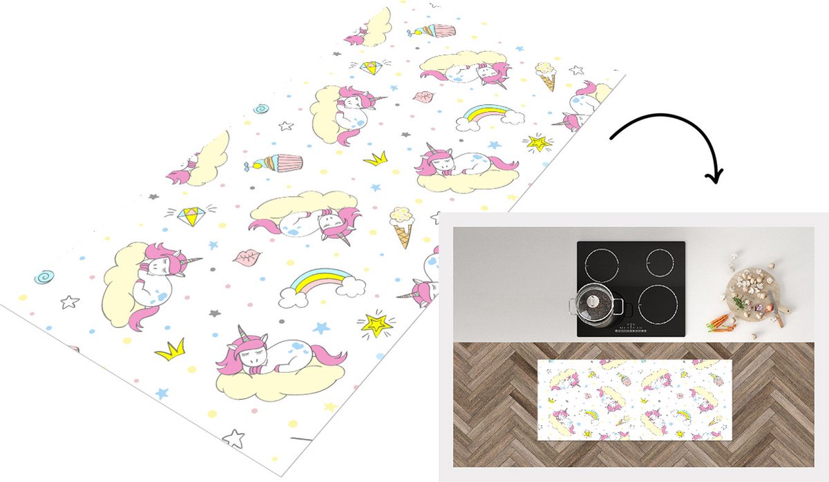 KitchenYeah Keukenloper - Loper keuken - Eenhoorn - Patronen - Regenboog - 120x50 cm - Keukenloper vinyl Multicolor