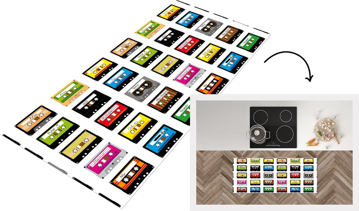 KitchenYeah Keukenloper - Loper keuken - Patronen - Cassettebandjes - Muziek - 120x50 cm - Keukenloper vinyl Multicolor