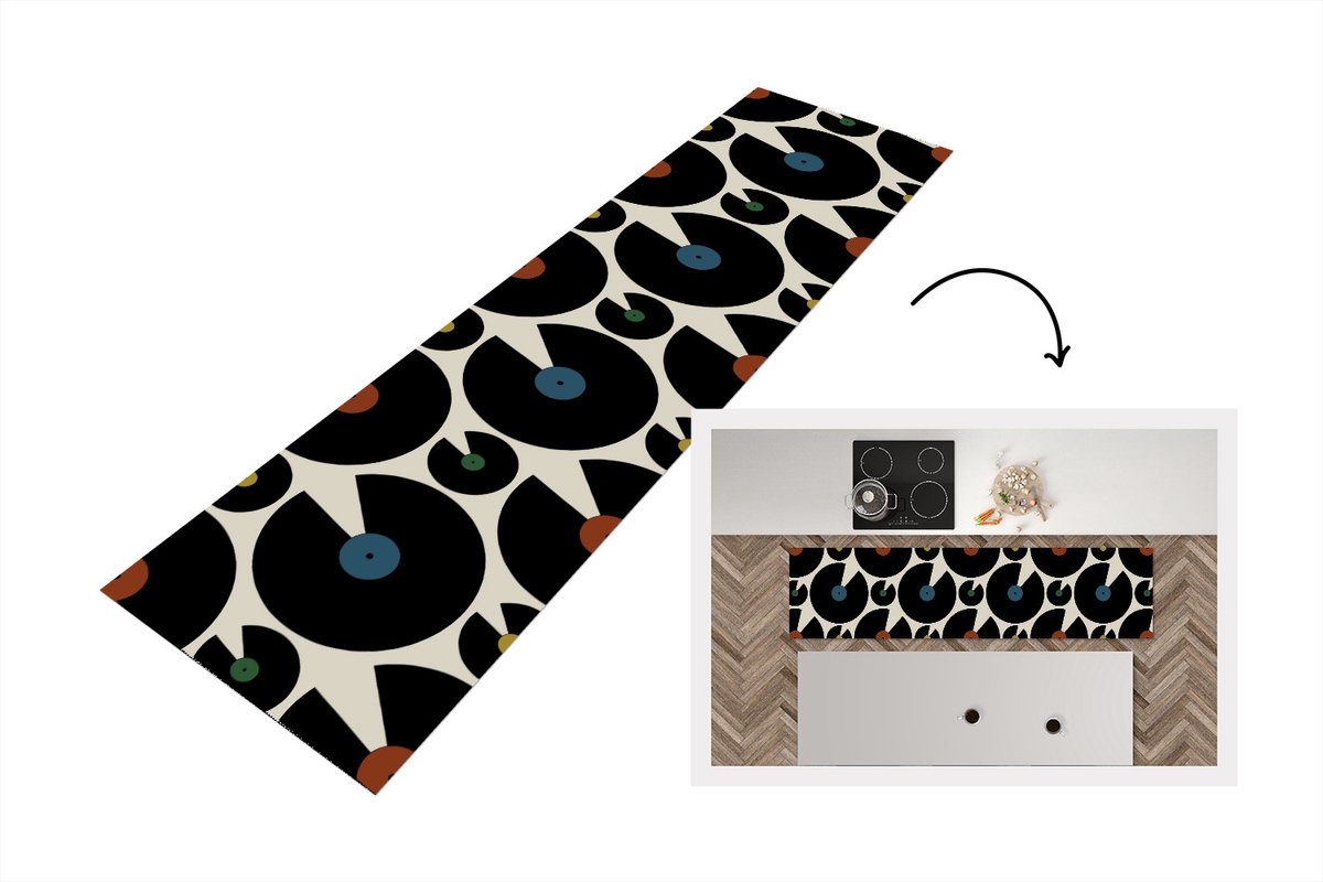 Keukenloper - Loper keuken - Muziek - Platen - Patronen - 200x50 cm - Keukenloper vinyl