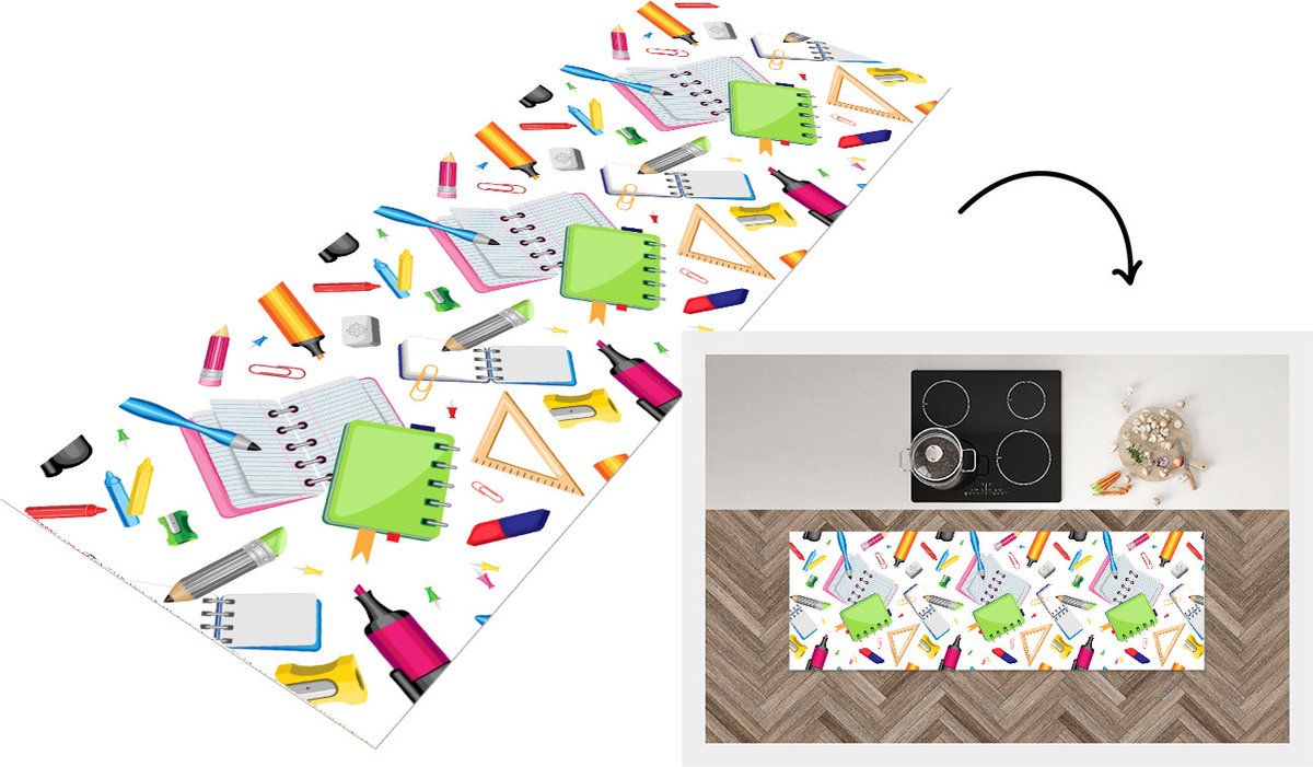 KitchenYeah Keukenloper - Loper keuken - Patroon - School - Potlood - 150x50 cm - Keukenloper vinyl Multicolor
