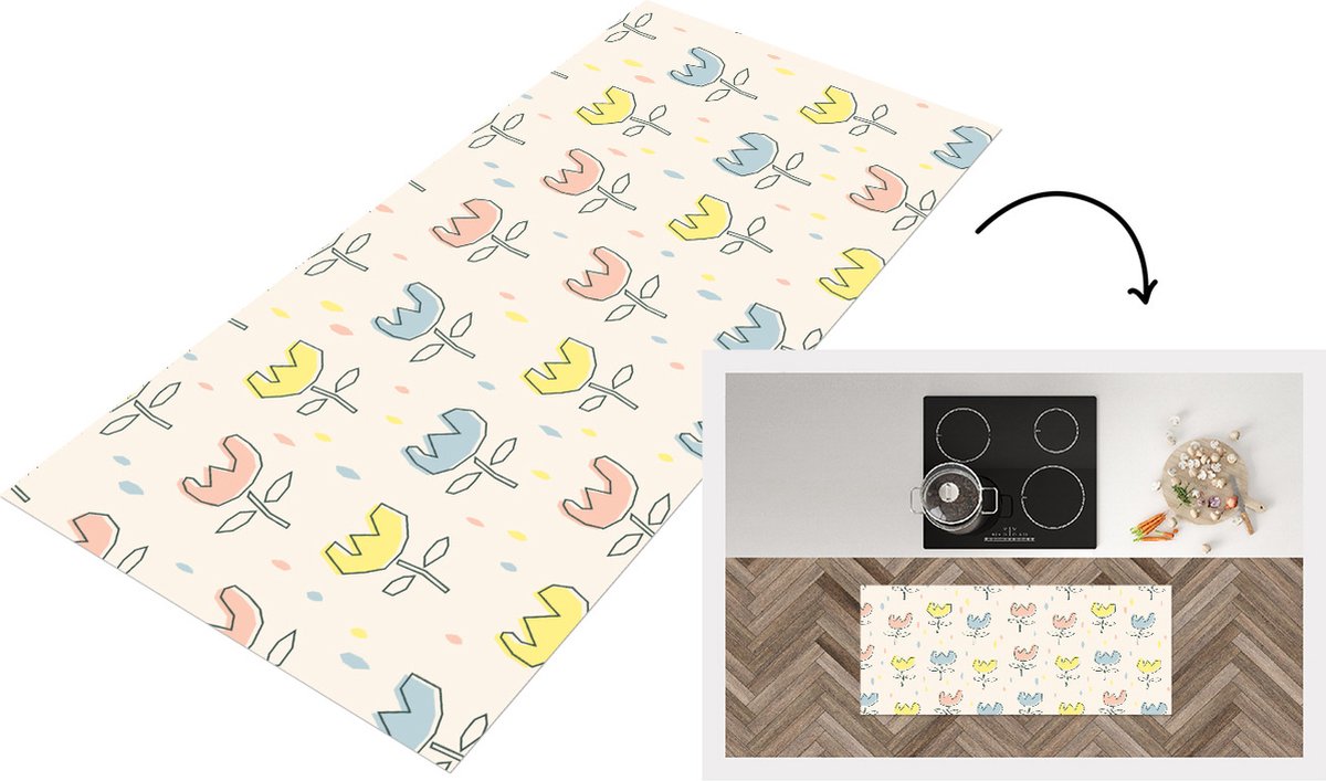 KitchenYeah Keukenloper - Loper keuken - Bloemen - Pastel - Geboorte - 120x50 cm - Keukenloper vinyl Multicolor
