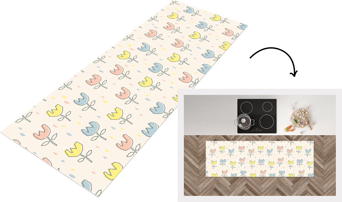 KitchenYeah Keukenloper - Loper keuken - Bloemen - Pastel - Geboorte - 150x50 cm - Keukenloper vinyl Multicolor