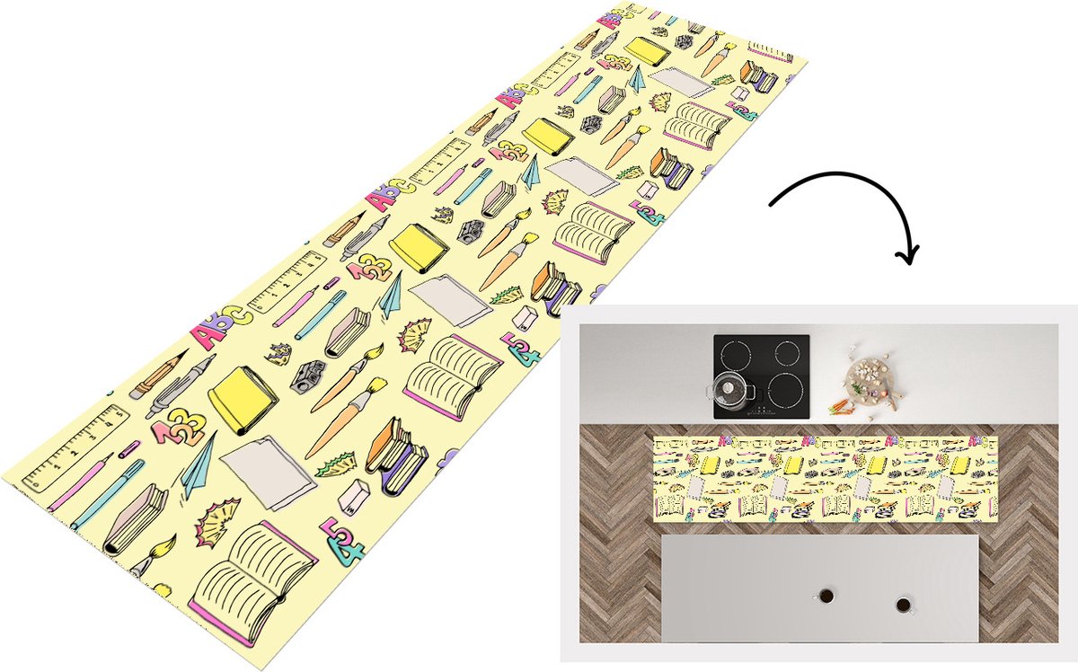 KitchenYeah Keukenloper - Loper keuken - School - Patronen - Potlood - 240x60 cm - Keukenloper vinyl Multicolor