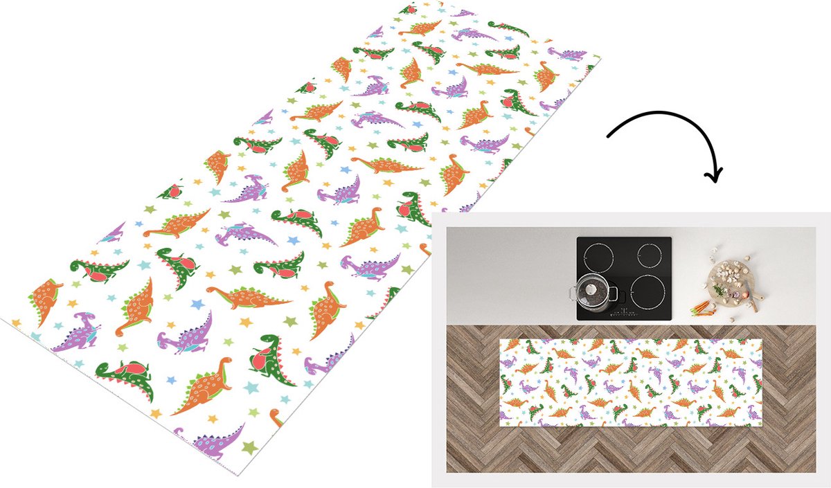 KitchenYeah Keukenloper - Loper keuken - Dino - Patronen - Sterren - 180x60 cm - Keukenloper vinyl Multicolor