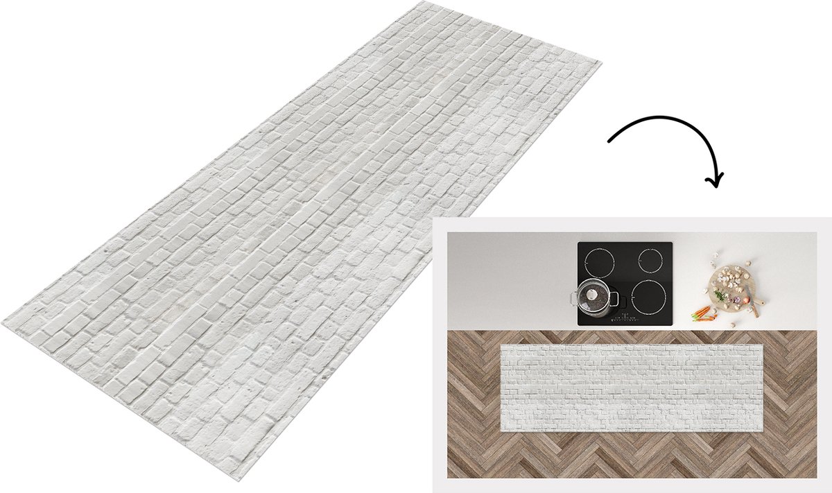 KitchenYeah Keukenloper - Loper keuken - Muur - Natuursteen - Wit - Patroon - 180x60 cm - Keukenloper vinyl Multicolor